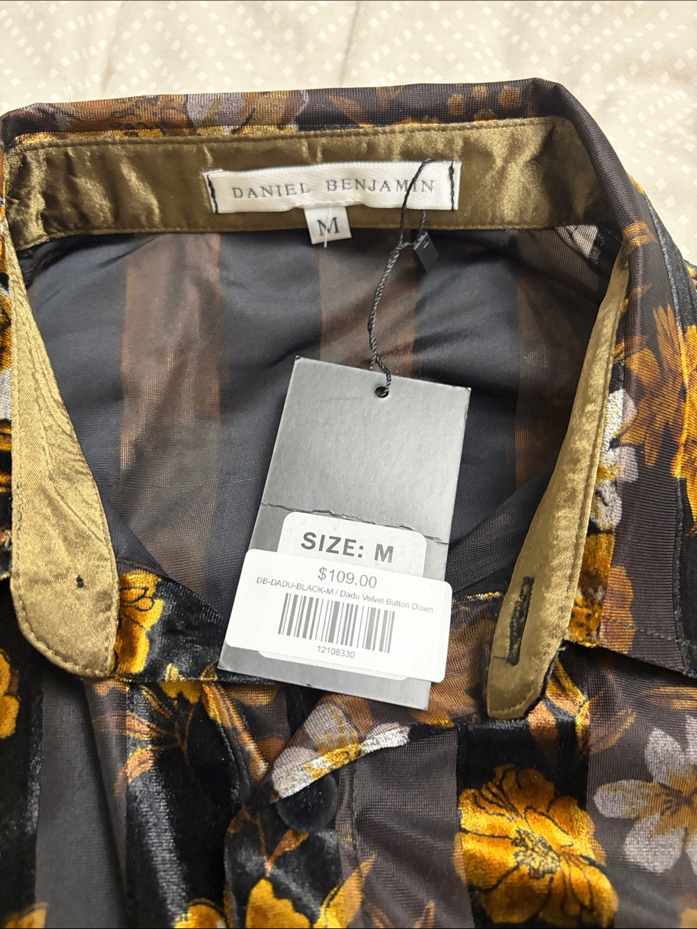 Daniel Benjamin Black Velvet Floral Shirt Jacket with Gold and Brown Blooms